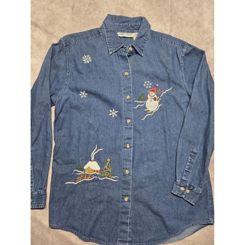 Vintage Cabin Creek Denim Button Up Shirt Embroidered Snowman Cabin Snow Medium